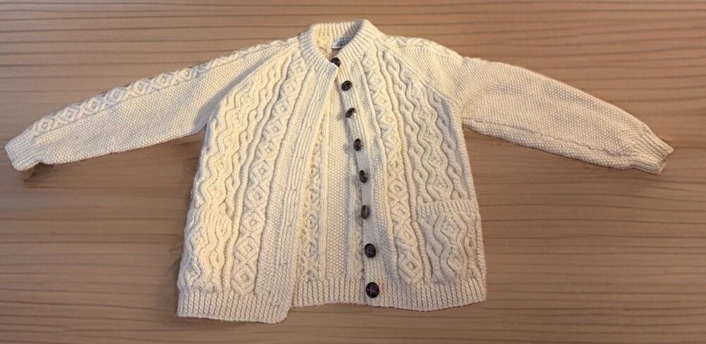 Vintage Blarney HAND KNIT Cardigan Sweater Ivory 100% Wool Aran Women’s Small
